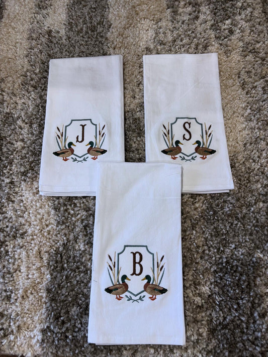 Duck Embroidered Initial Tea Towel