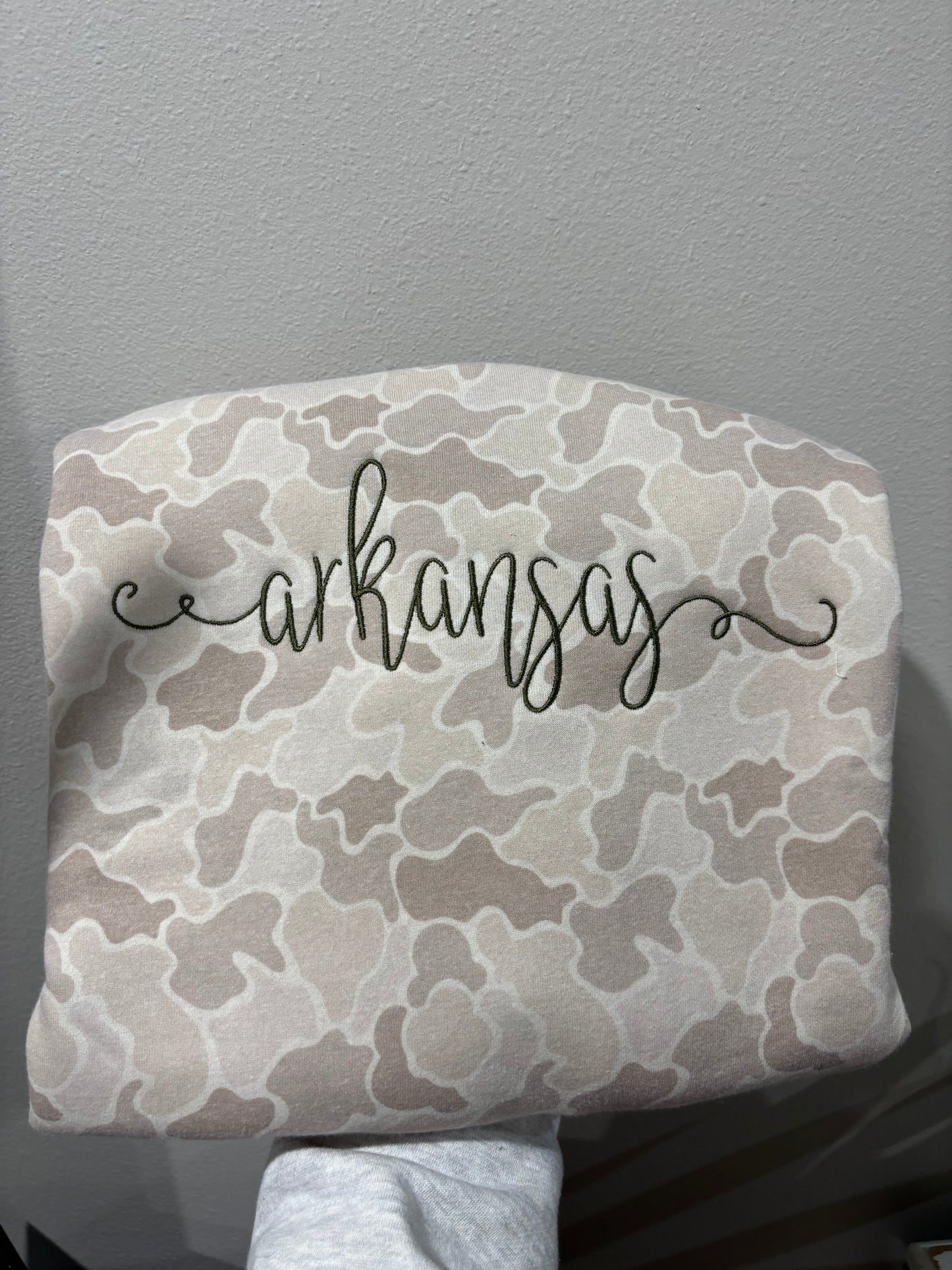 Arkansas Cursive Camo Sweatshirt