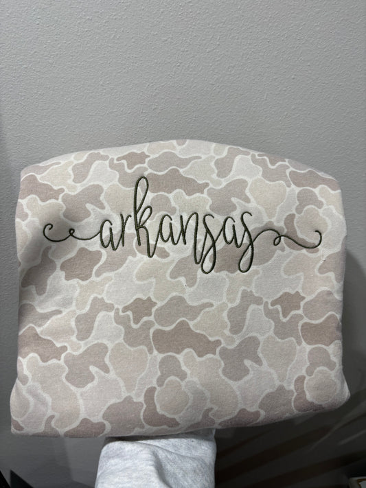Arkansas Cursive Camo Sweatshirt